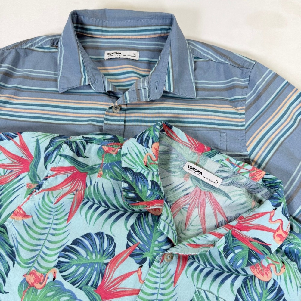 Sonoma Mens XL Hawaiian Flamingo Shirt Bundle Tropical Striped Cotton Casual